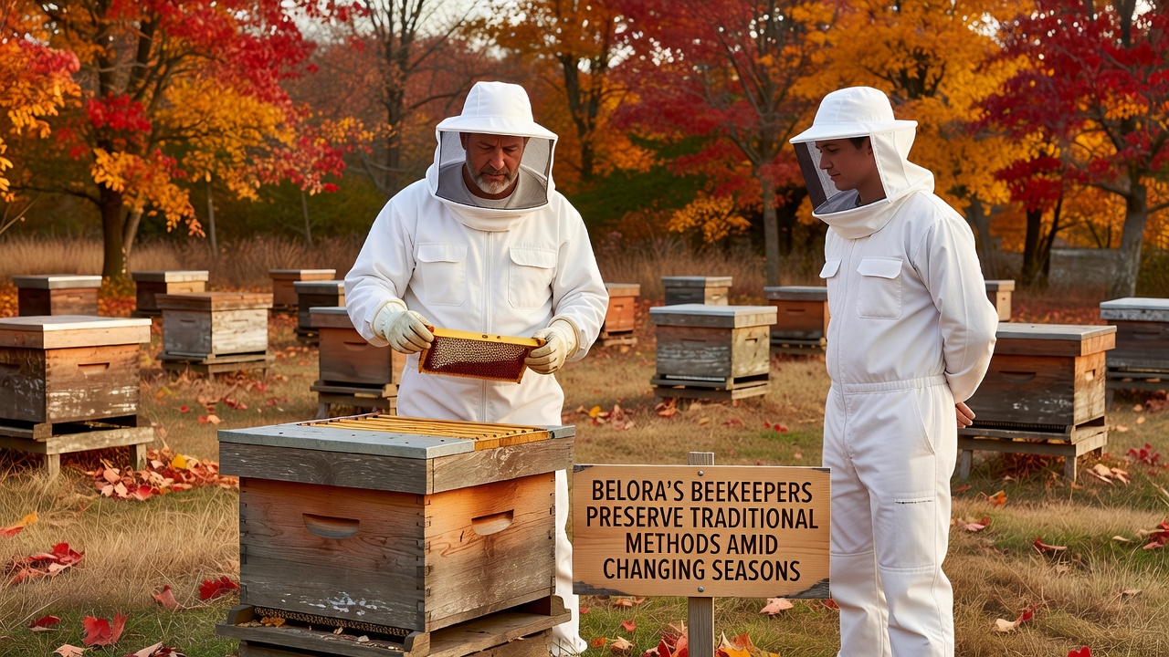 Close-up of a beekeeper using traditional hand tools to check frames inside an open wooden hive