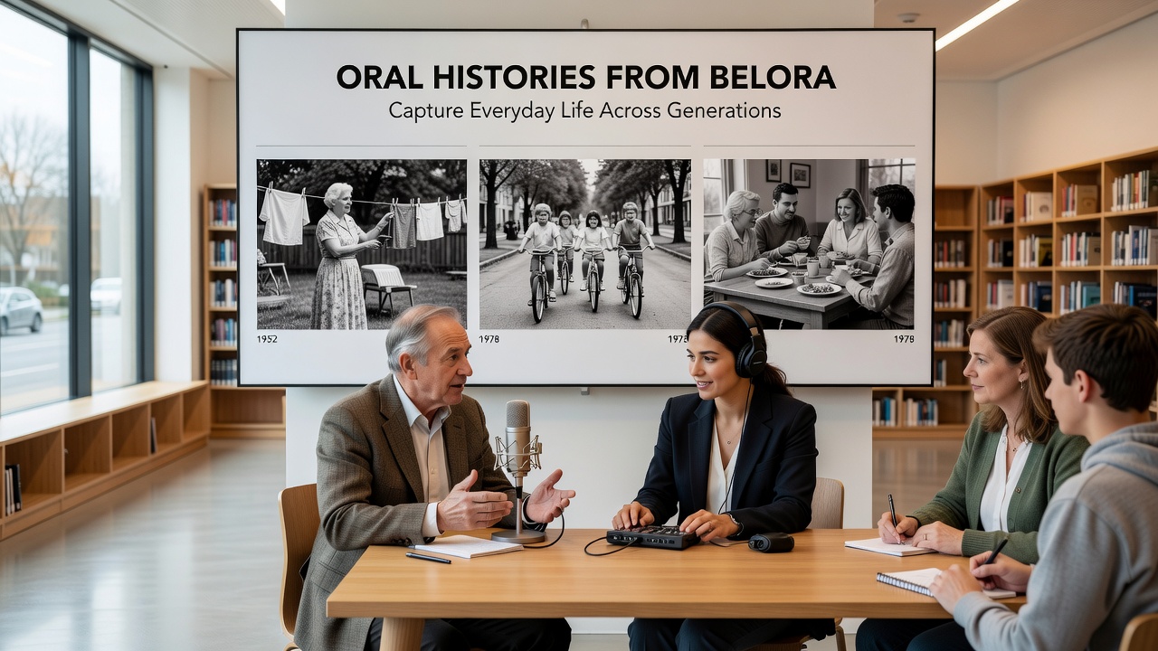 Archivists cataloging transcribed oral history recordings from Belora residents